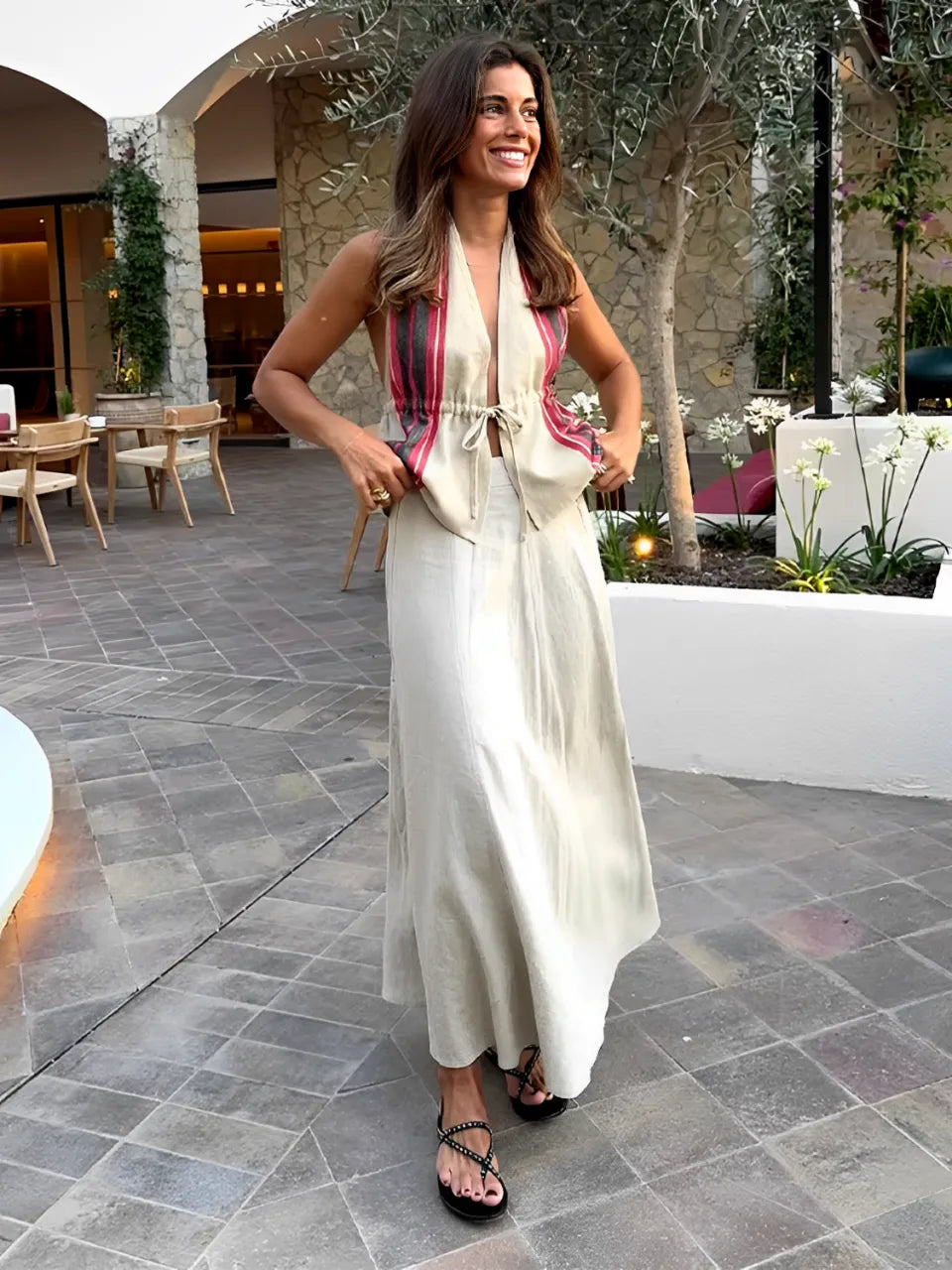 Conjunto Clara - Blusa de Amarração Frontal e Saia Longa Evasê em Linho