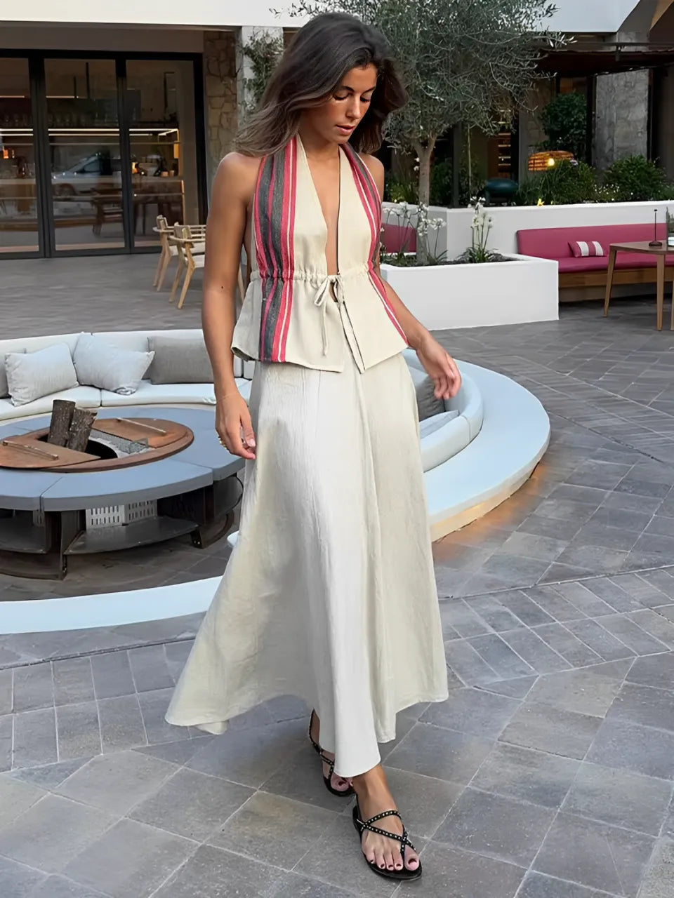 Conjunto Clara - Blusa de Amarração Frontal e Saia Longa Evasê em Linho