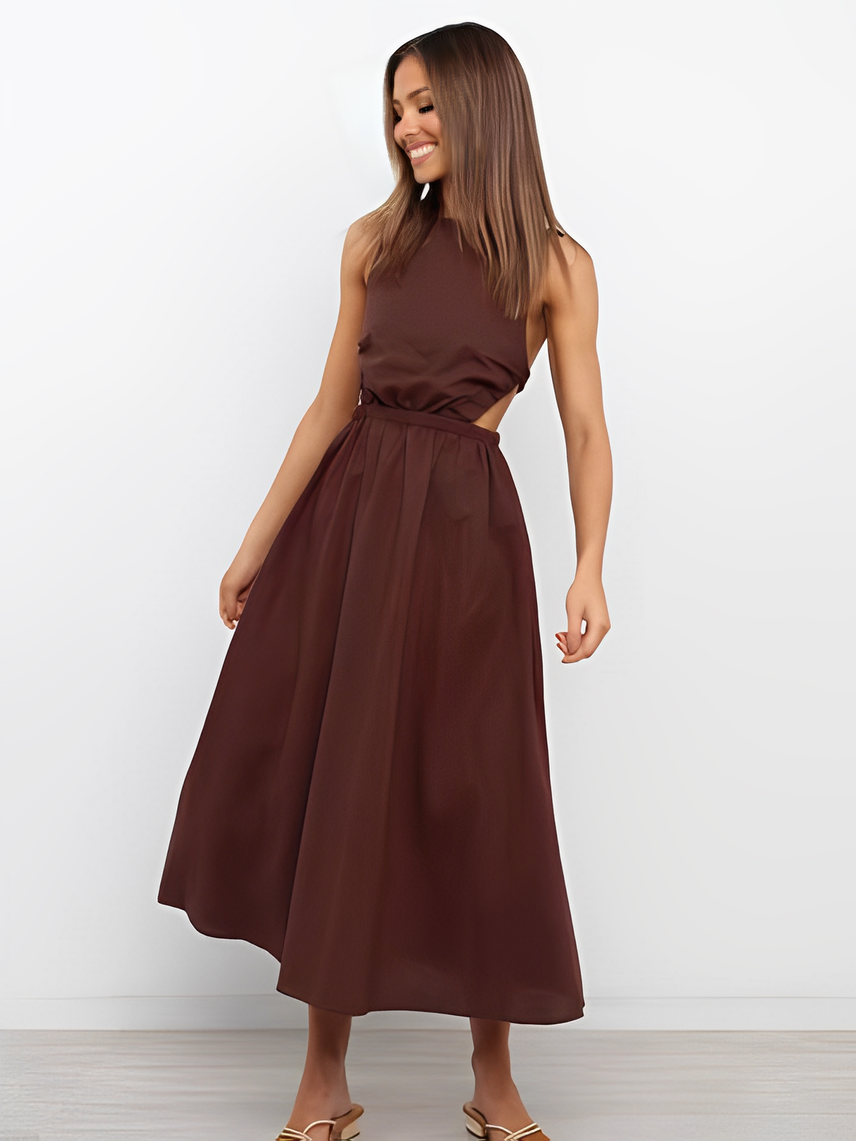 Vestido Feminino Midi sem Mangas com Elástico e Costas Abertas - Fiorella
