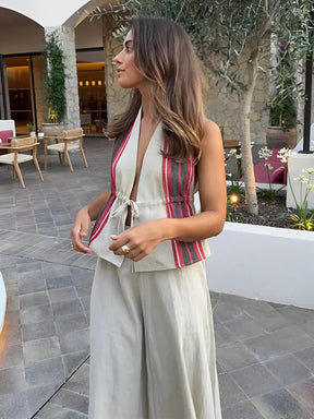 Conjunto Clara - Blusa de Amarração Frontal e Saia Longa Evasê em Linho