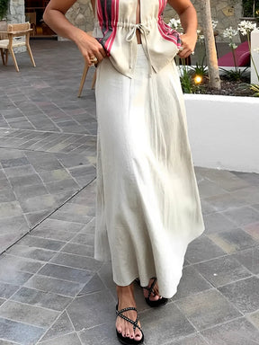 Conjunto Clara - Blusa de Amarração Frontal e Saia Longa Evasê em Linho