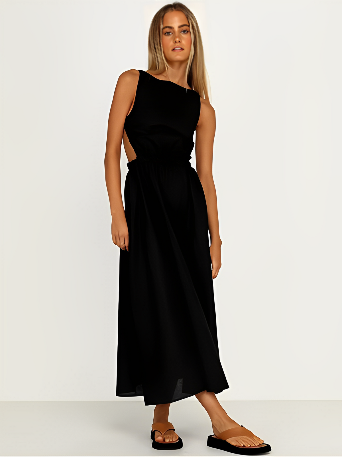 Vestido Feminino Midi sem Mangas com Elástico e Costas Abertas - Fiorella